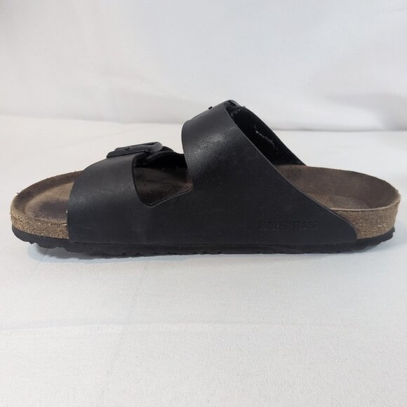 Birkenstock 41 Arizona Black Leather Sandals Pebbled Slip On 2 Strap Buckle 10 - Picture 4 of 16